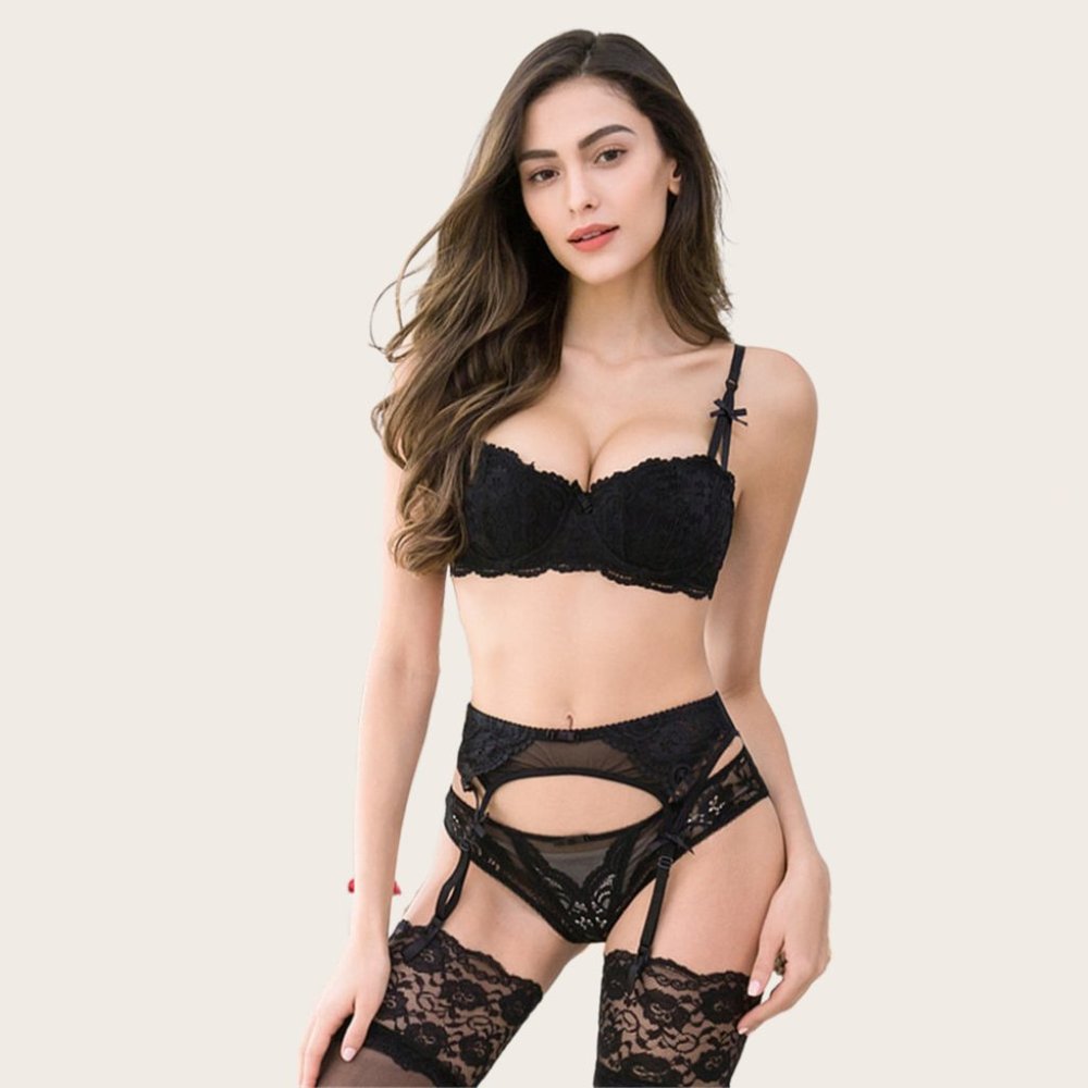 Sexy cotton lace bra+panties+garter+stockings 4 pcs underwear set